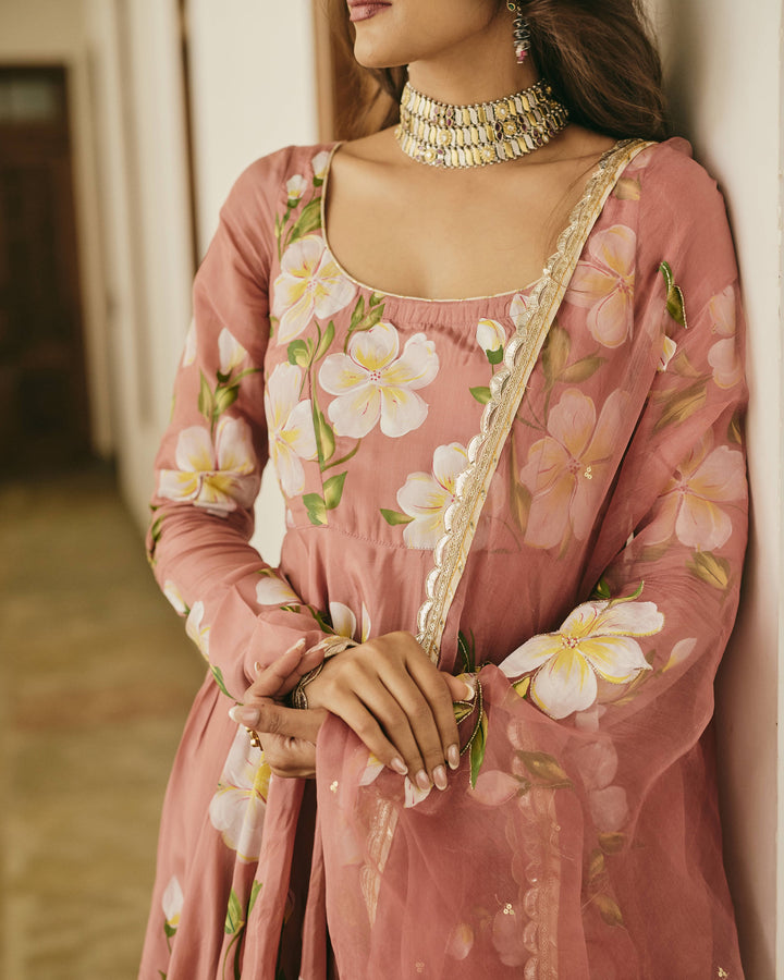 Vamika Mauve Handpainted Viscose Organza Suit Set
