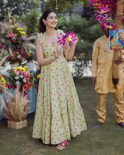 Neerja Green Bandhani Cotton Dress