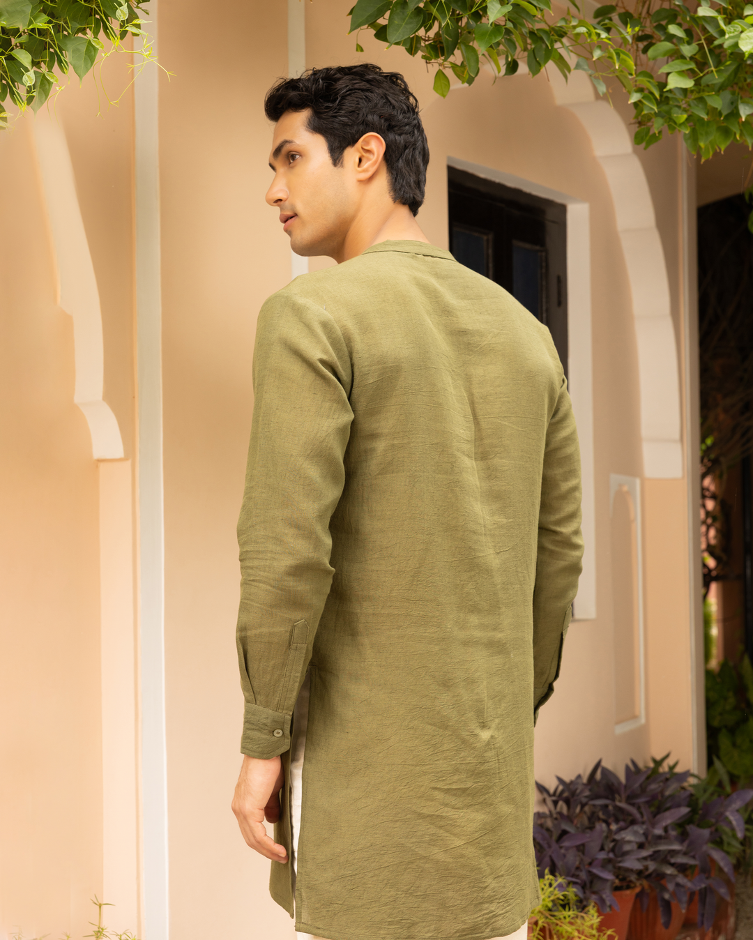 Vikrant Olive Green Solid Cotton Flex Kurta