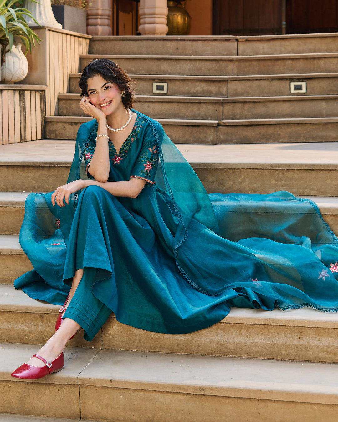 Aavya Green Embroidered Roman Silk Suit Set