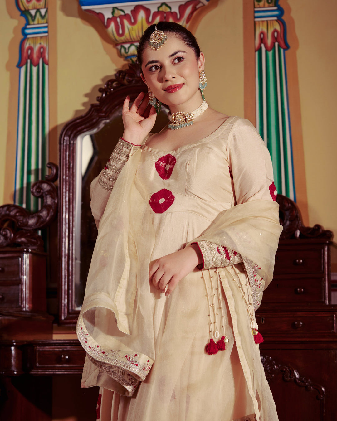 Sharada Beige Bandhani Muslin Suit Set