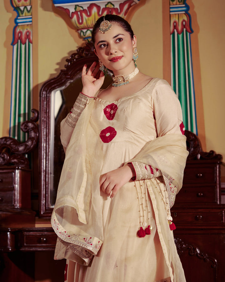 Sharada Beige Bandhani Muslin Suit Set