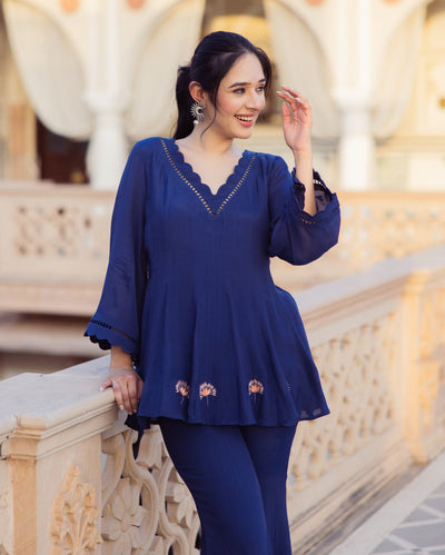 Yash Blue Embroidered Muslin Coord Set