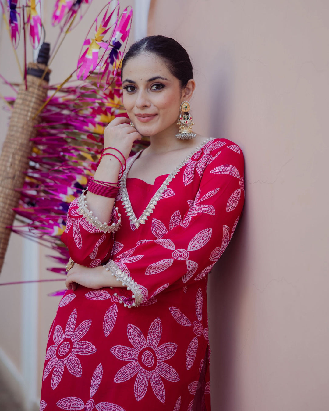 Sudha Pink Bandhani Chinon Kurta Set