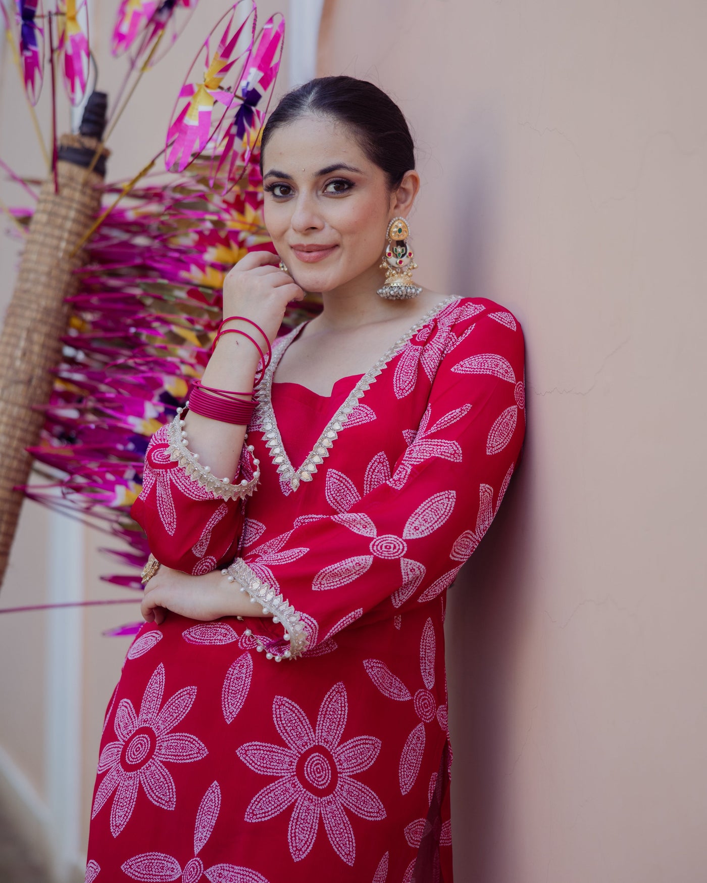 Sudha Pink Bandhani Chinon Kurta Set