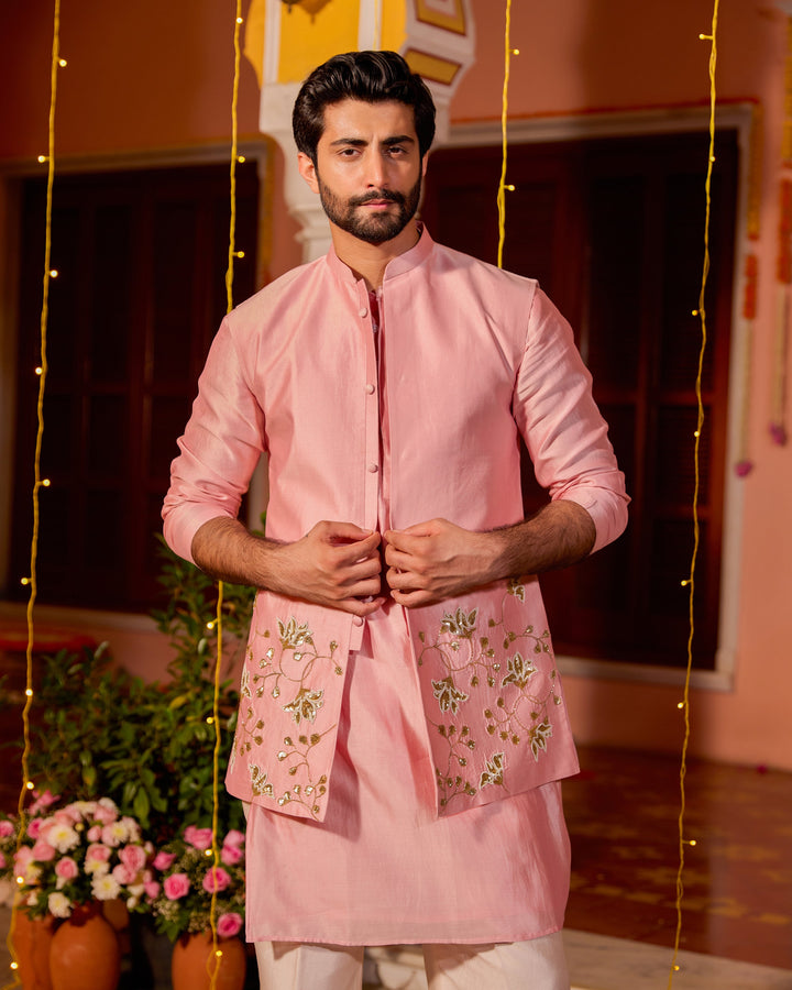 Ruhansh Pink Chanderi Embroidered Jacket And Kurta Set