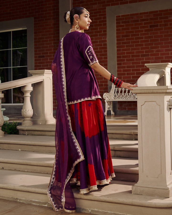 Kalika Purple Embroidered Tie-Dye Chanderi Suit Set