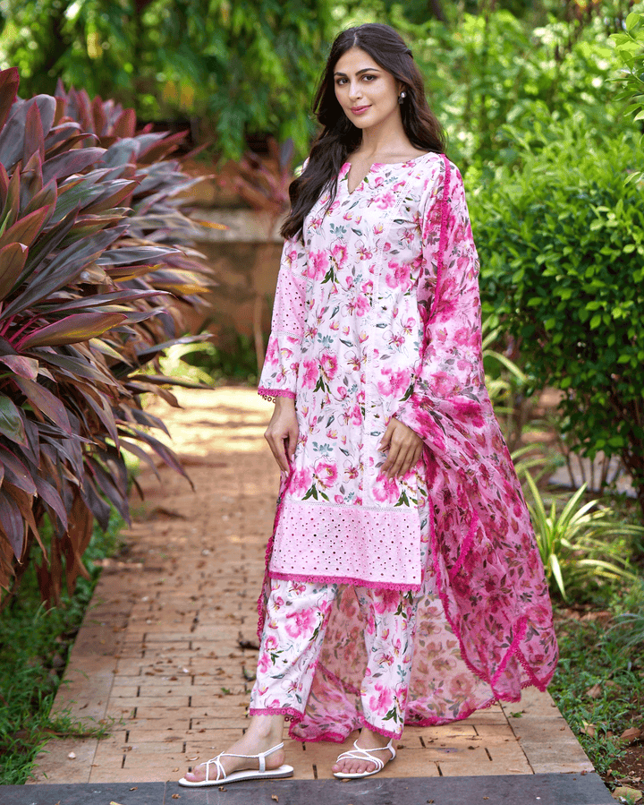 Plumeria Pink Printed Cotton Suit Set