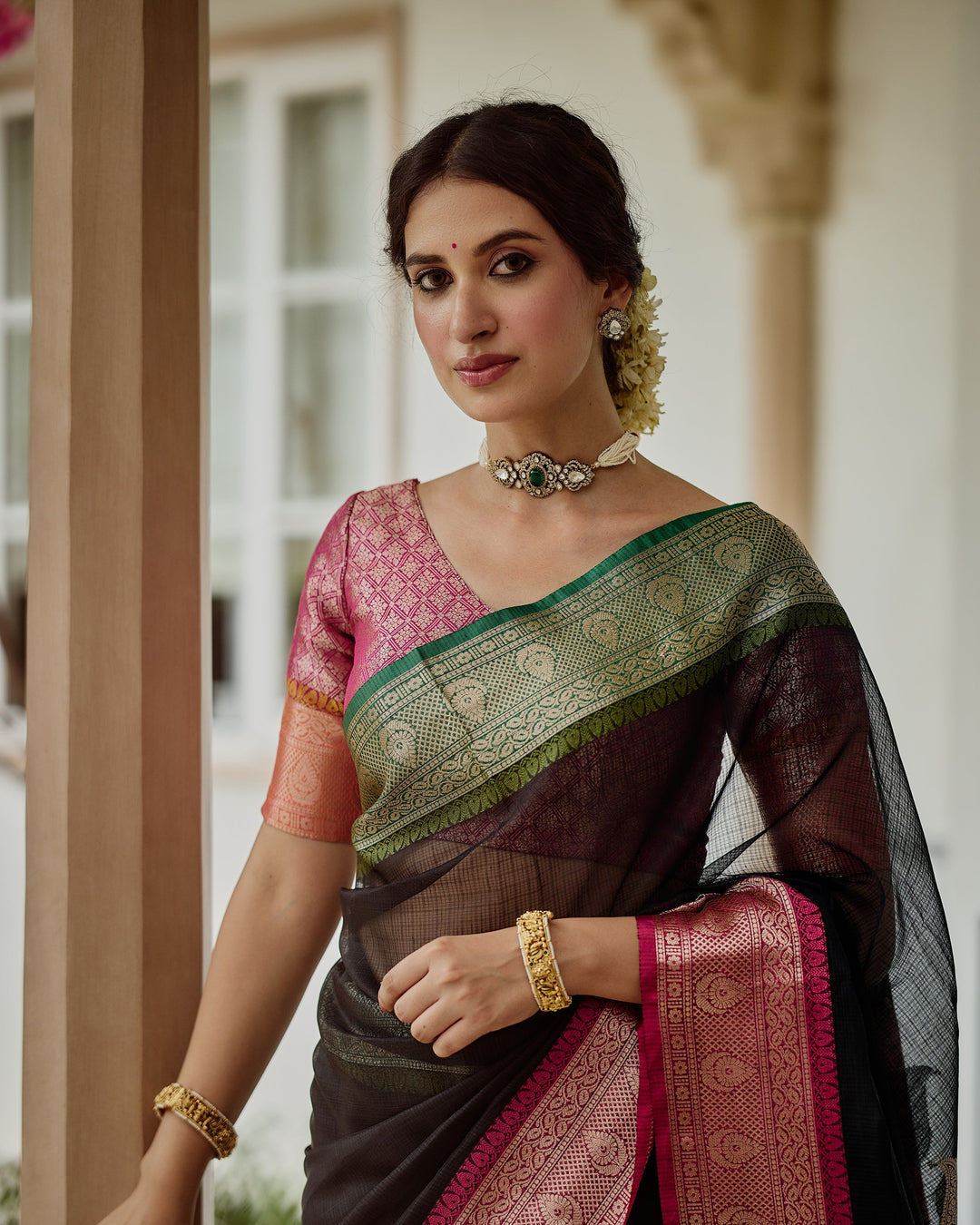 Vaibhav Black Pink Doria Butta Border Saree
