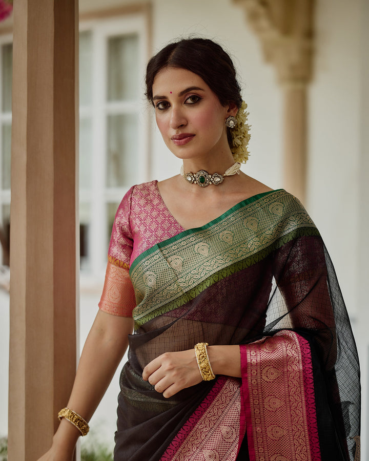 Vaibhav Black Pink Doria Butta Border Saree