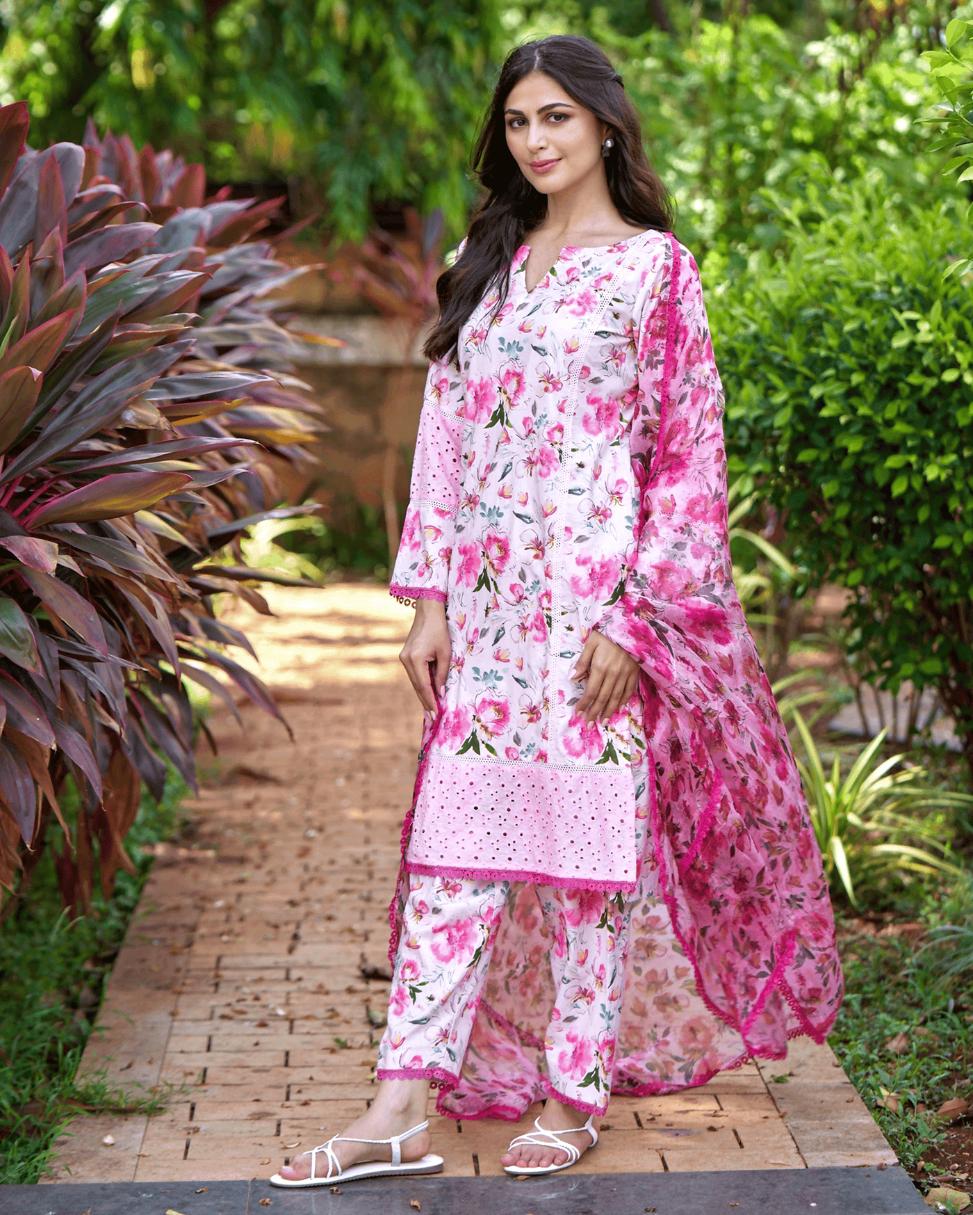 Plumeria Pink Printed Cotton Suit Set