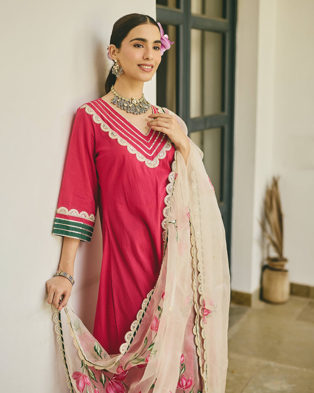 Zirel Pink Handpainted Cotton Suit Set