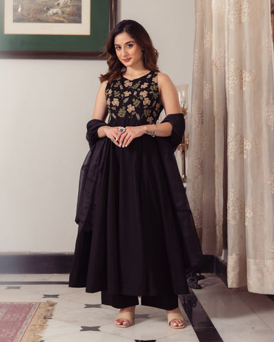 Shadow Black Embroidered Cotton Suit Set
