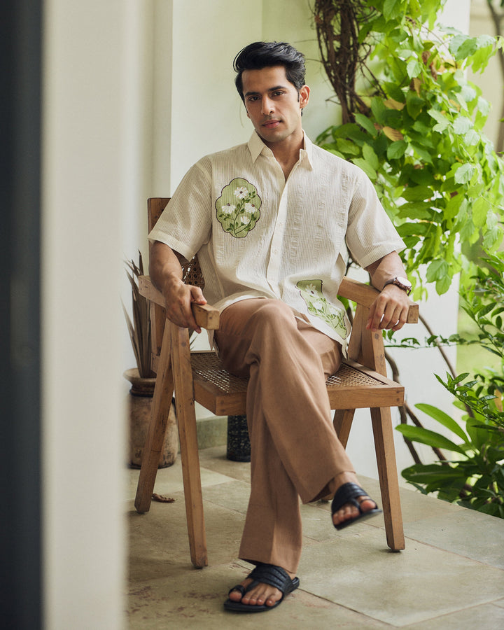 Sahil Off White Cotton Dobby Handpainted Shirt