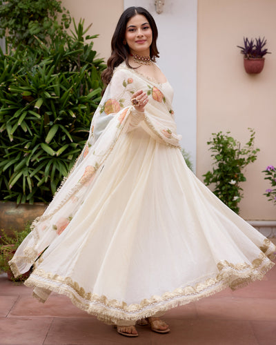 Gulnaar Off White Handpainted Chanderi Suit Set