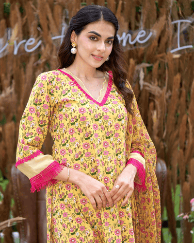 Flora Yellow Printed Cotton Suit Set