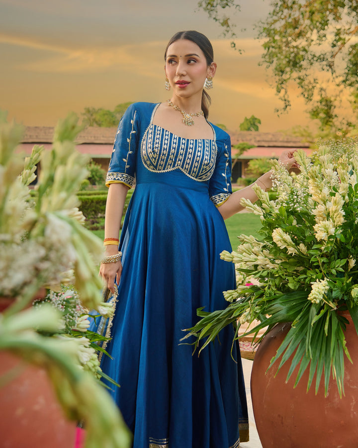 Deepisha Blue Embroidered Chanderi Suit Set