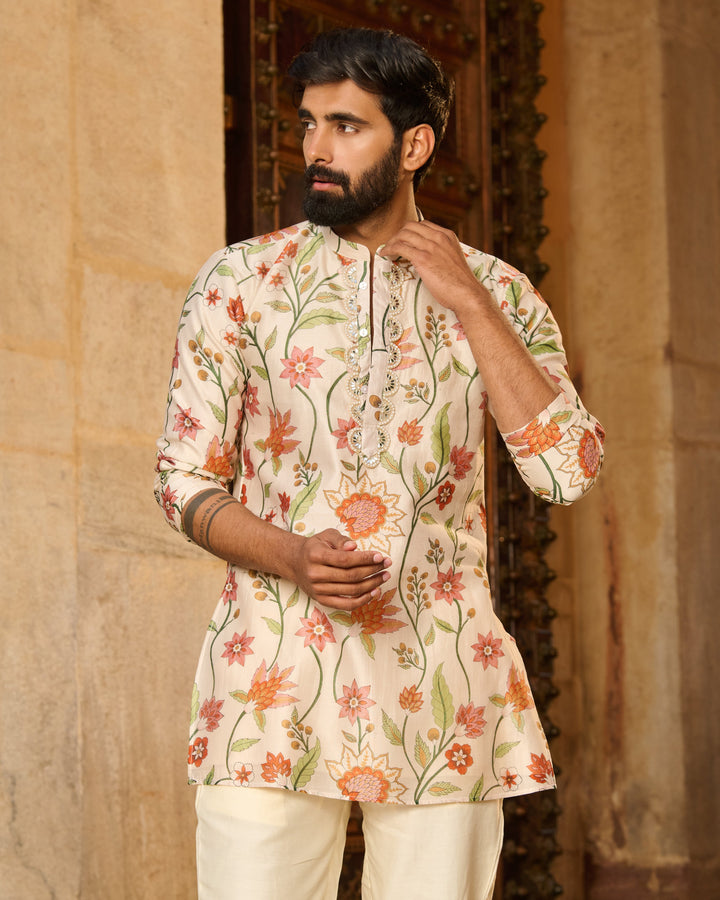 Atharv Ivory Printed Chanderi Kurta
