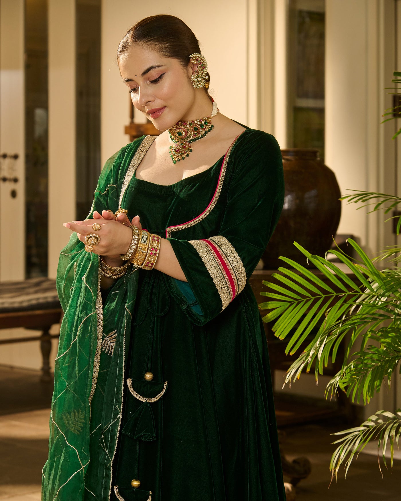 Bhavani Green Solid Velvet Suit Set