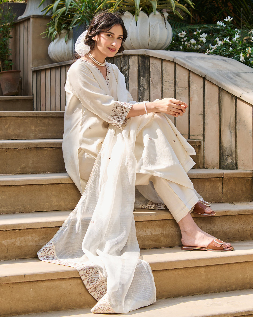 Sera Off White Embroidered Chanderi Suit Set