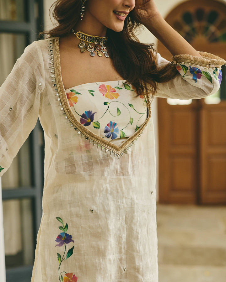 Alekha Cream Handpainted Cotton Checks Coord Set