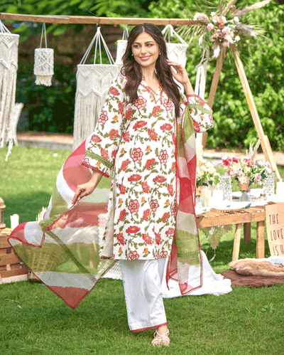Sunrise Bloom Red Printed Cotton Suit Set