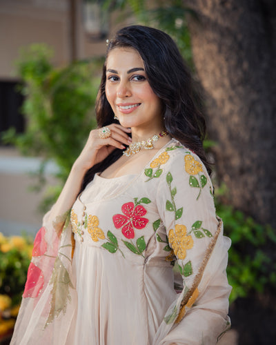 Harsinghar Beige Handpainted Viscose Organza Suit Set