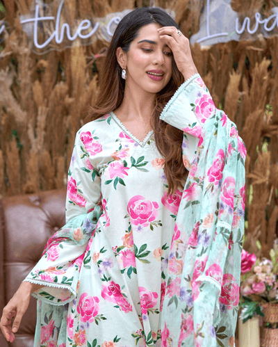 Zinnia Green Printed Cotton Suit Set