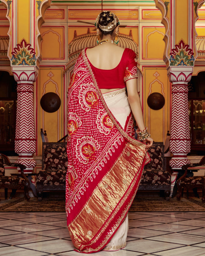 Ghanan White Embroidered Kajol Bandhej Silk Saree