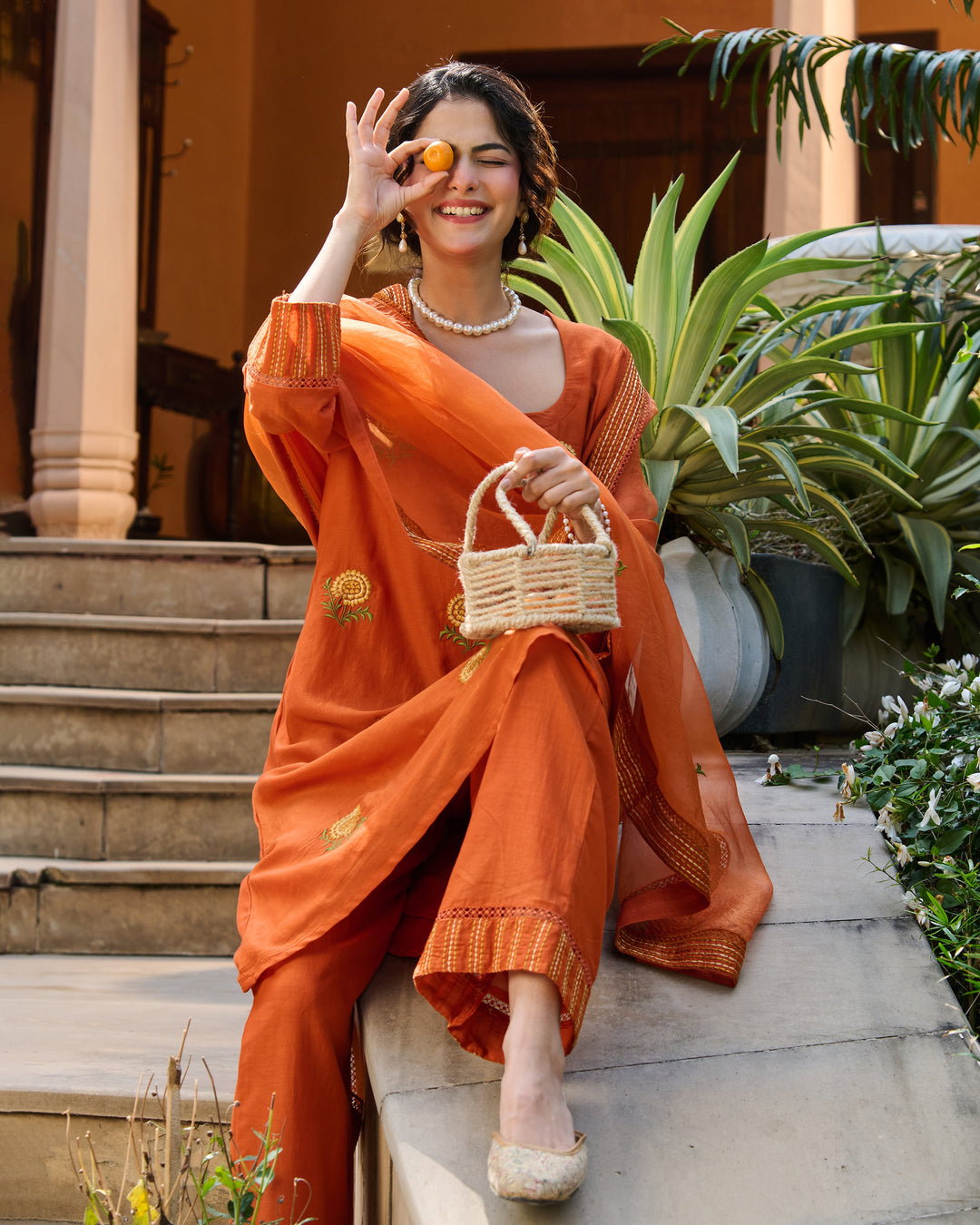 Nafees Orange Embroidered Chanderi Suit Set