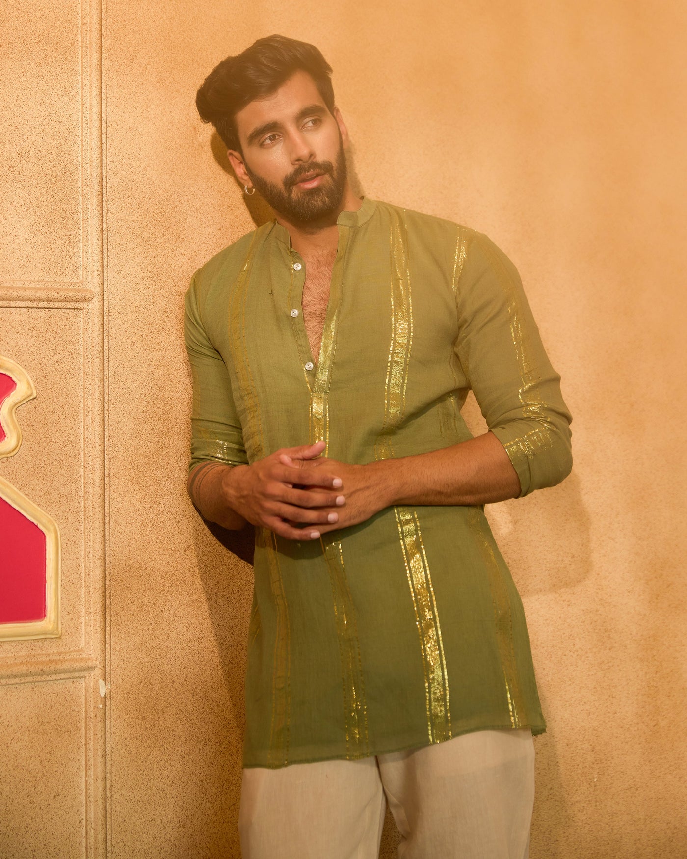 Tarangit Olive Knitted Lurex Kurta