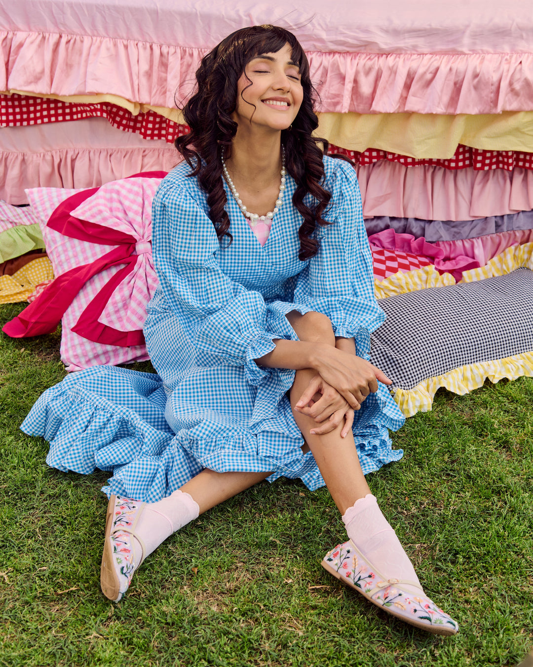 Sri Sky Blue Cotton Checks Dress