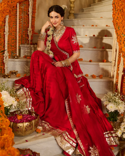 Mehka Red Solid Satin Lehenga Set