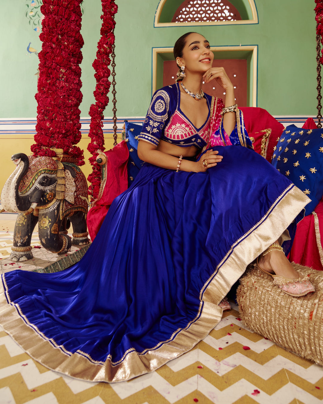 Mora Blue Embroidered Satin Lehenga Set