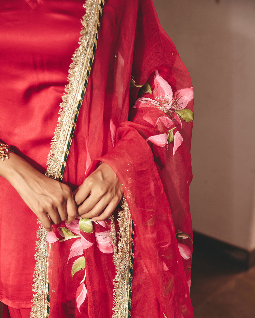 Moon Red Handpainted Satin Farsi Salwar Set