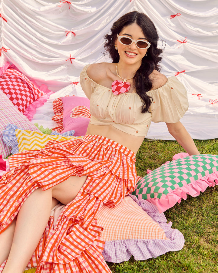 Savana Orange Embroidered Cotton Checks Printed Coord Set