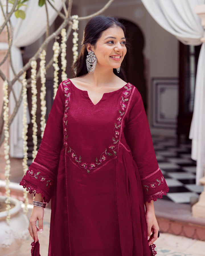 Reesh Burgundy Embroidered Doria Suit Set