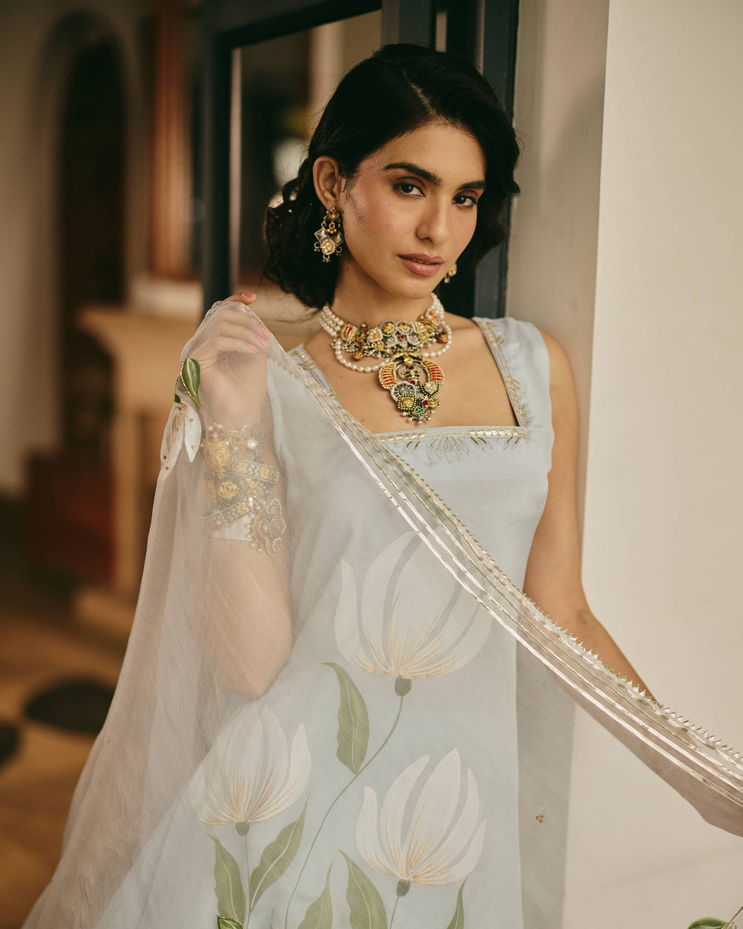 Varnali Blue Handpainted Chinon Suit Set