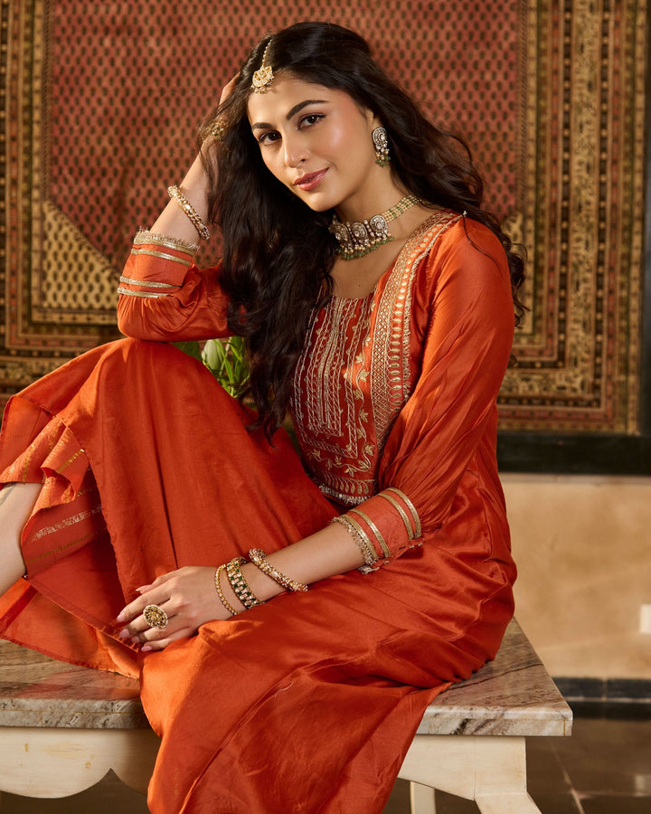 Lucia Orange Solid Chanderi Kurta Set