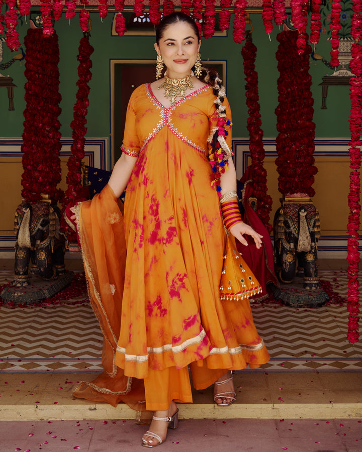 Sapna Orange Pink Tie Dye Muslin Suit Set