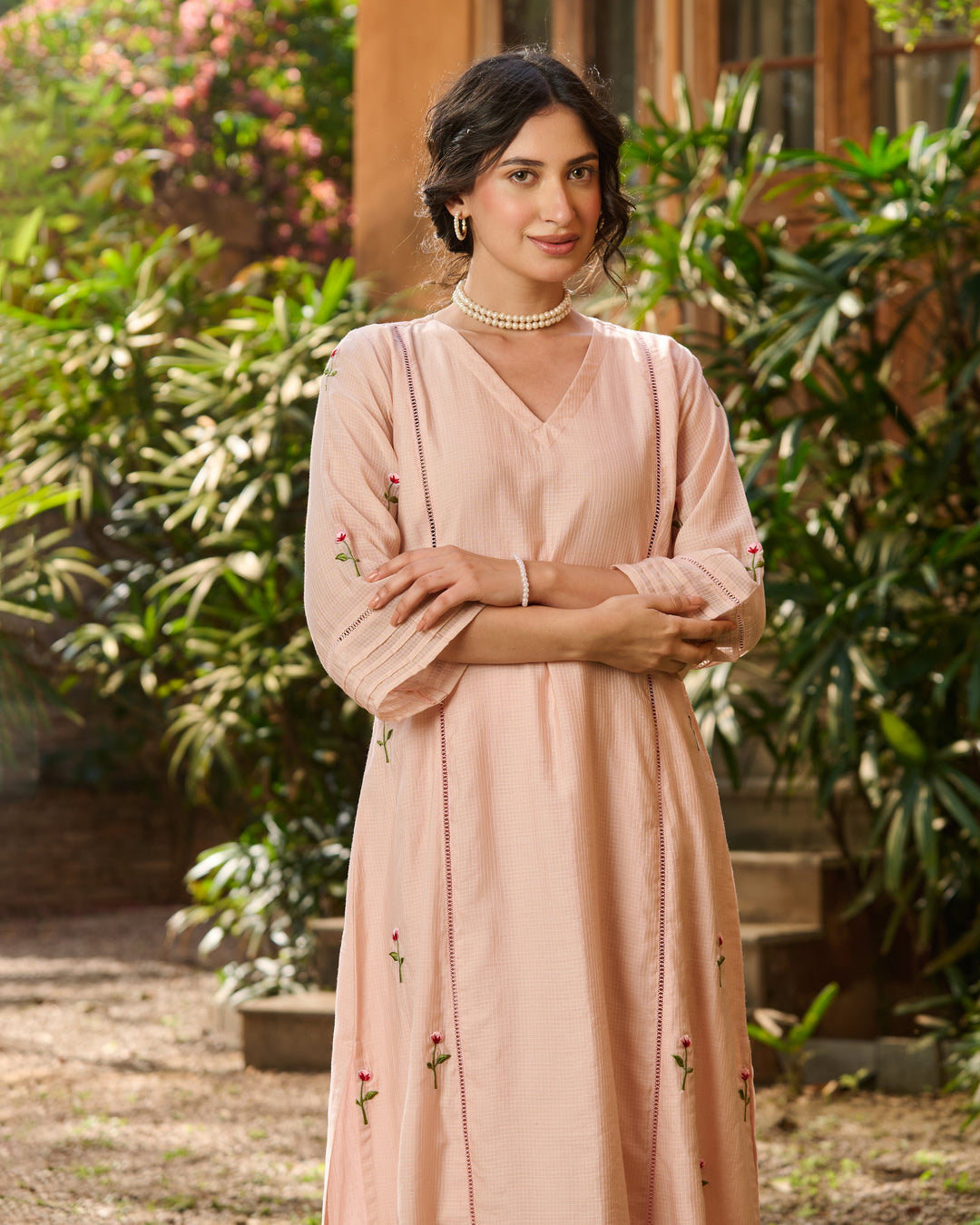 Lina Peach Embroidered Cotton Checks Kurta Set