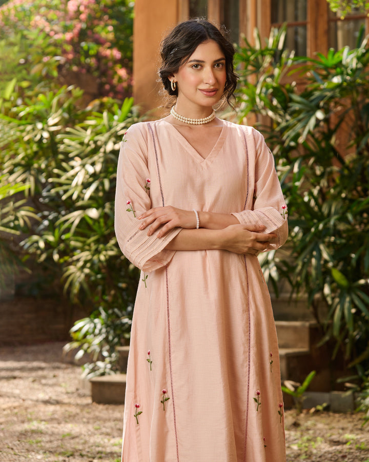 Lina Peach Embroidered Cotton Checks Kurta Set