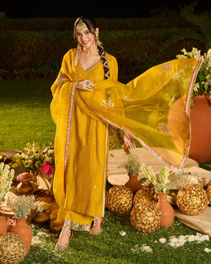 Agnira Mustard Embroidered Chanderi Suit Set