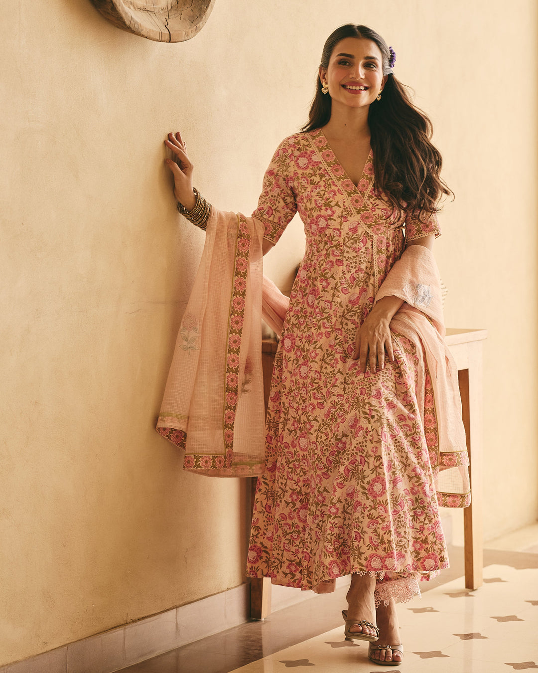 Dima Peach Cotton Printed Suit Set