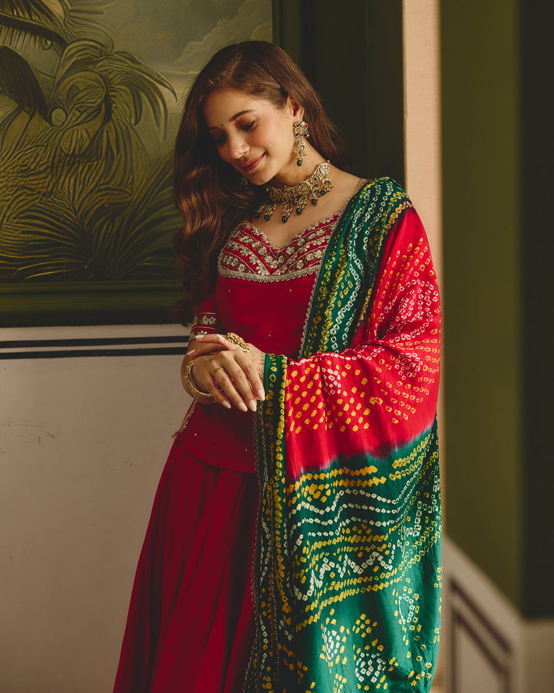Anuroop Red Embroidered Chanderi Lehenga Set