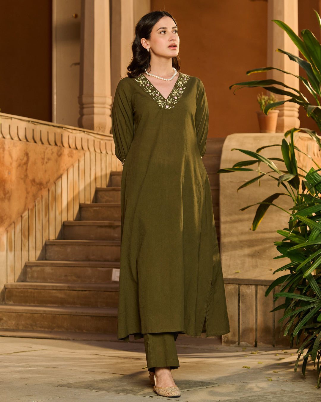 Dot Green Embroidered Cotton Kurta Set