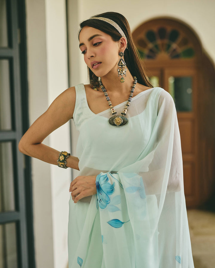 Lily Sea Green Handpainted Chiffon Saree