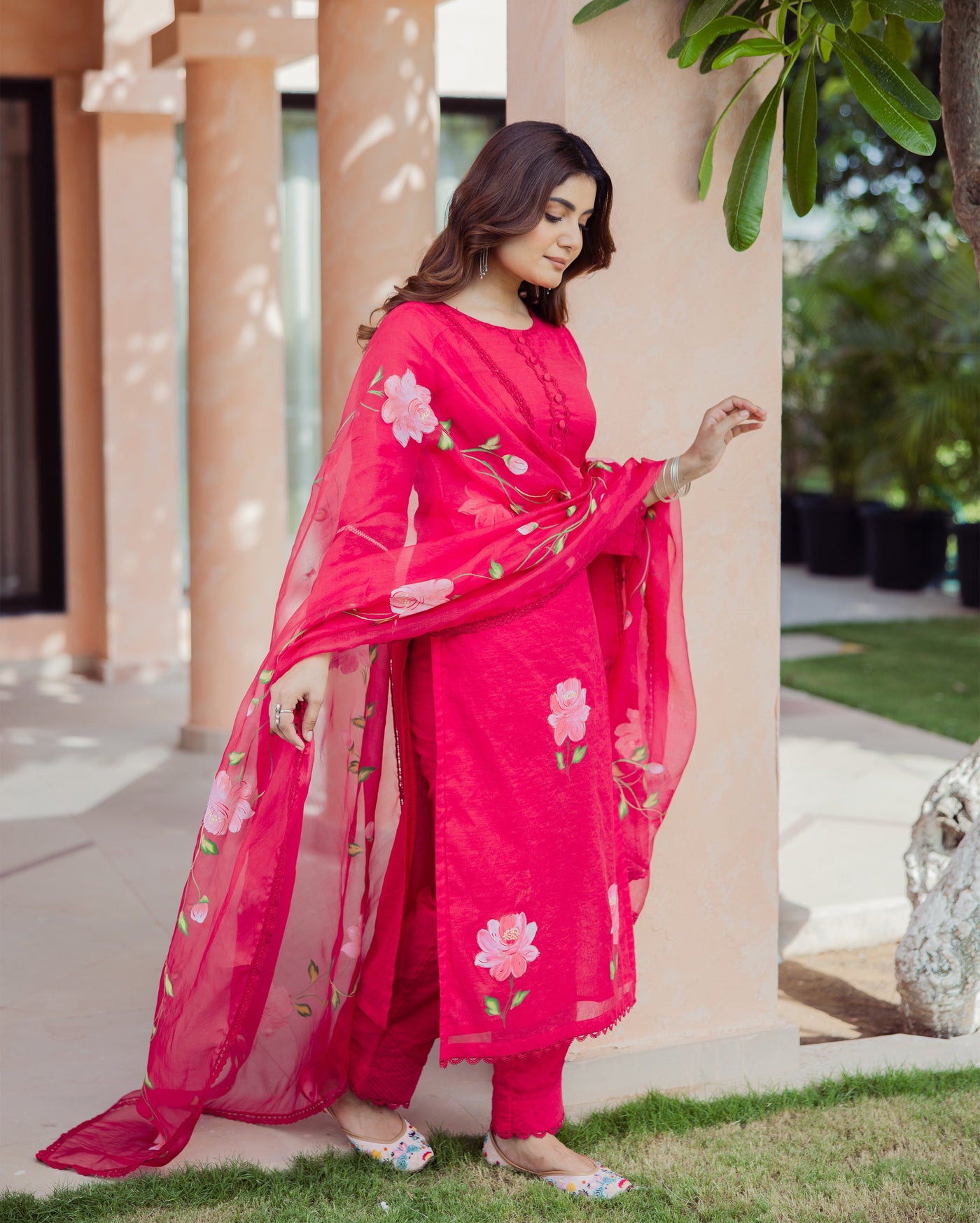 Meadow Magenta Handpainted Chanderi Suit Set