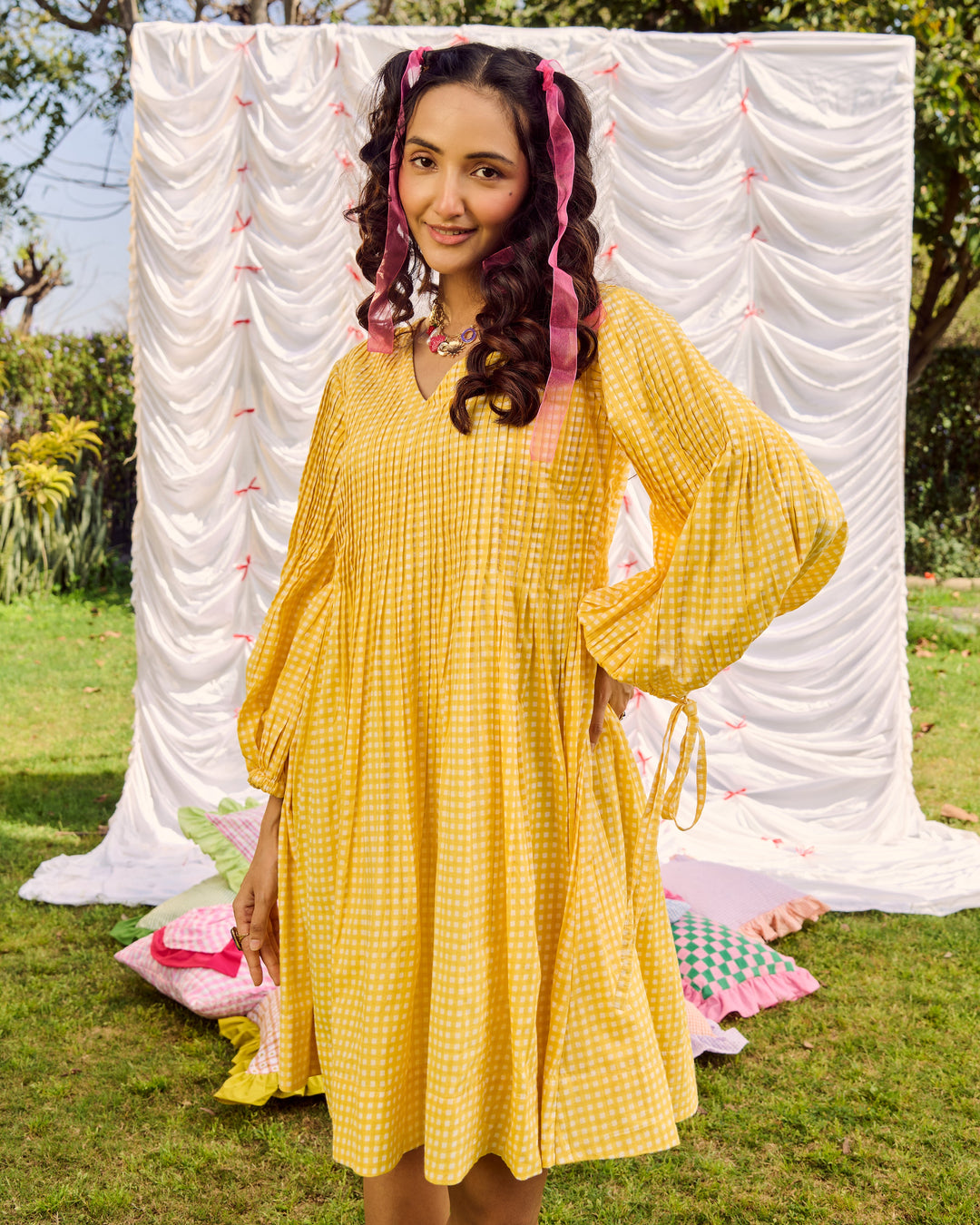 Kajol Yellow Cotton Checks Printed Dress