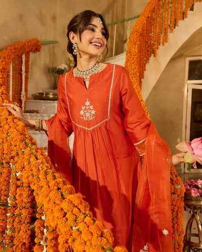 Prakash Rust Orange Solid Chanderi Suit Set